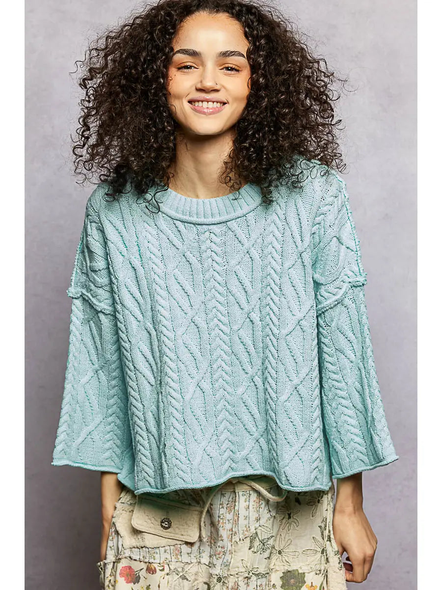 Cozy Cable Knit Cropped Pullover Sweater- Electric Blue