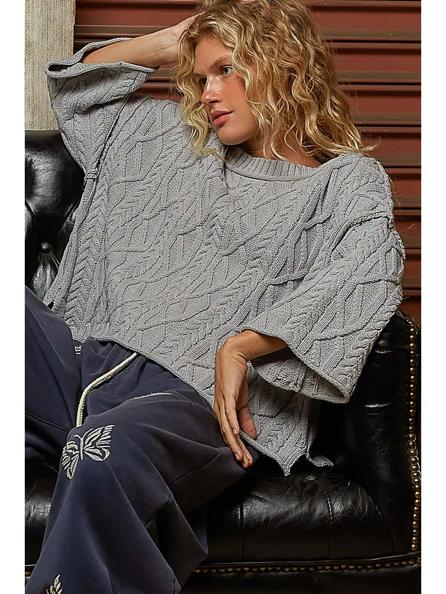 Cozy Cable Knit Cropped Pullover Sweater- Heather Grey